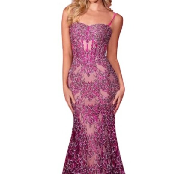 SALE NWT Portia and Scarlett PS25251 Lace Prom Dress Fuchsia Nude Size 4 - Picture 1 of 10